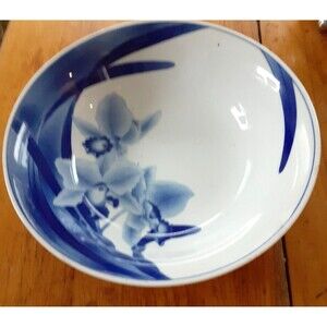 Large Koransha Arita Ware Blue Orchid Serving Bowl 10" x 3" Japanese Porcelain